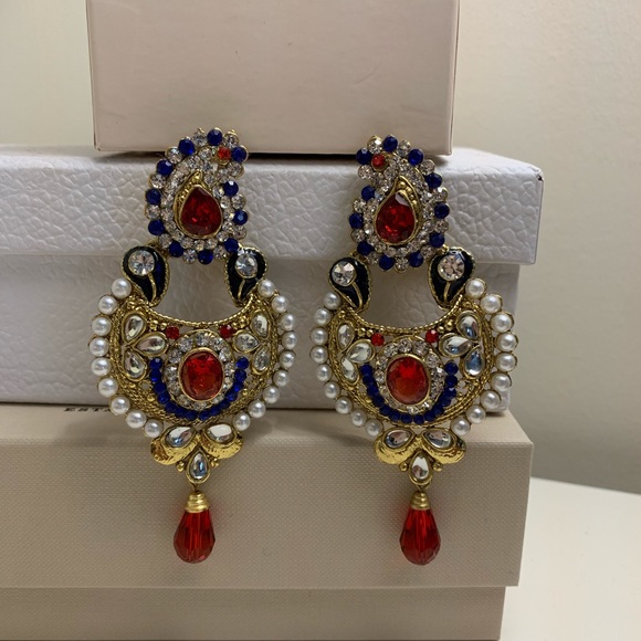 Ruby & Sapphire bejewelled hanging earrings - Picture 2 of 2